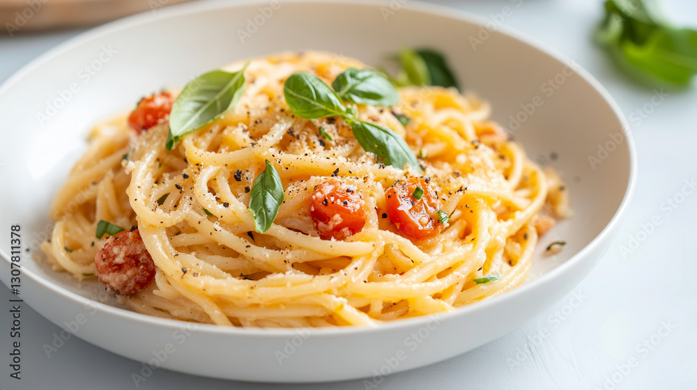 spaghetti, pasta carbonara with tomatoes and chicken, meat Aglio e olio pasta with fresh basil and cherry tomatoes served in a light gray setting for a delightful dining experience spaghetti, pasta carbonara with tomatoes and chicken, meat Aglio e olio pasta with fresh basil and cherry tomatoes served in a light gray setting for a delightful dining experience