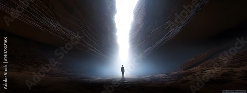 A person standing in the middle of two tall, dark canyons, with a foggy atmosphere
