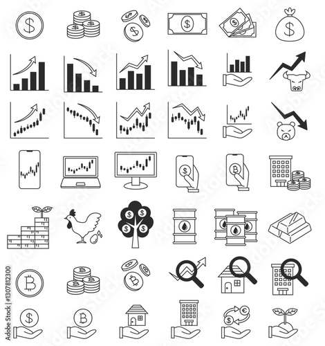 お金、株価、ローソク足、仮想通貨、石油、ゴールド（金）、不動産、為替（FX）、配当金など、投資や資産運用に関する白黒アイコンセット