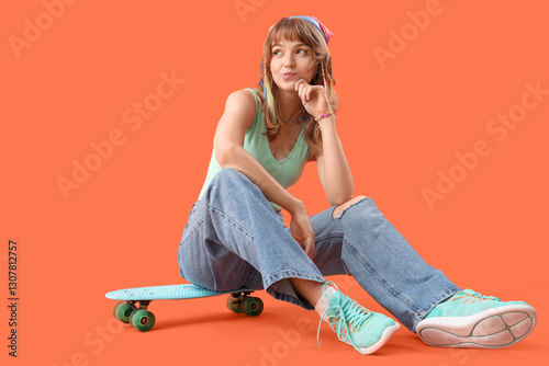 Young woman with skateboard sitting on orange background