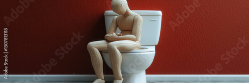 Wooden Figurine on Toilet – Concept of Constipation or Digestive Health Issues