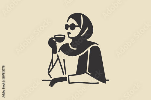 Minimalistic Arab woman in hijab drinking coffee, stylish and simple	