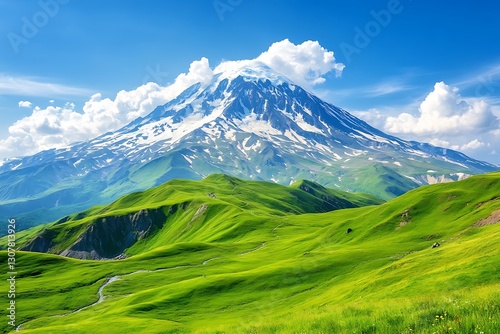A majestic snow capped mountain towers over green grassy hills