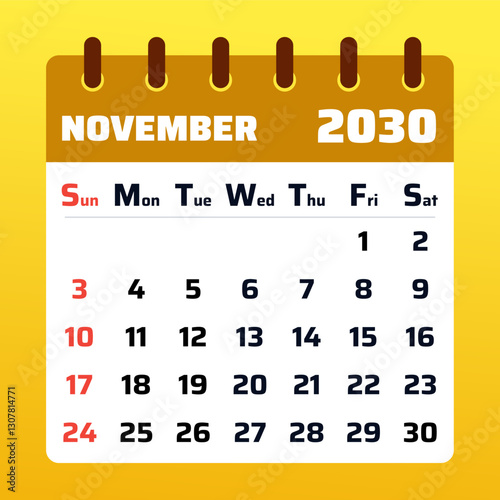 Elegant November 2030 calendar with a warm golden theme. Ideal for Thanksgiving planning, business scheduling, and organizing daily tasks.
