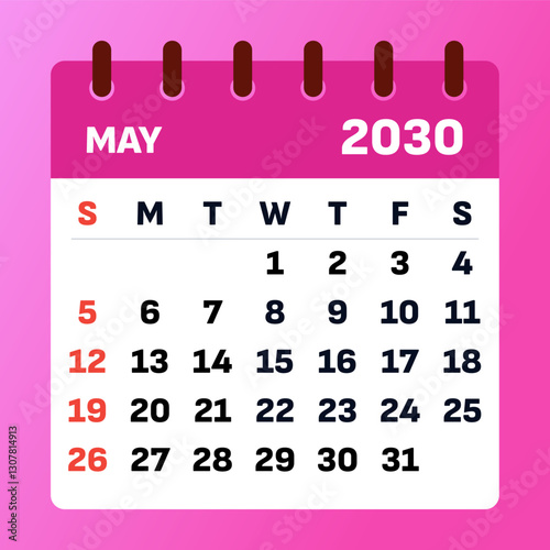 "Bright and vibrant May 2030 calendar with a cheerful yellow design. Ideal for tracking important dates, setting reminders, and planning vacations.