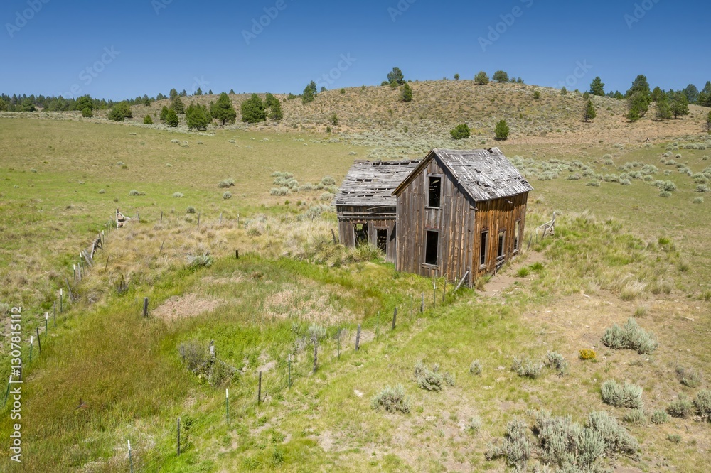 An abandoned wooden house stands in a field in Oregon, USA. The roof is falling apart, and the windows are empty. The house is a reminder of the past. ,Seneca, Oregon, USA An abandoned wooden house stands in a field in Oregon, USA. The roof is falling apart, and the windows are empty. The house is a reminder of the past. ,Seneca, Oregon, USA