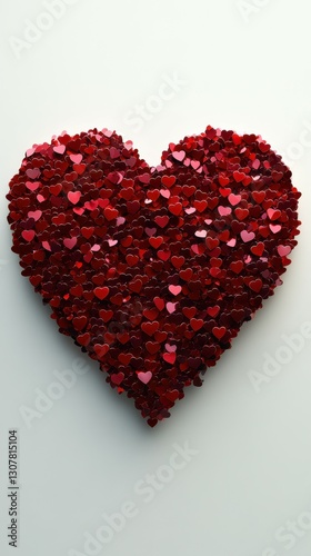 Heart-shaped arrangement of vibrant red confetti hearts creating a festive display for love-themed celebrations