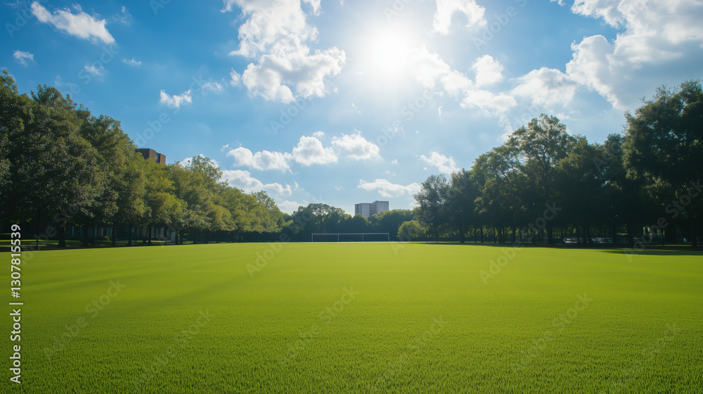 A Pristine University Campus Track and Field Area with Lush Green Grass, Perfect for Athletic Competitions, and Large Empty Space Available for Text or Branding A Pristine University Campus Track and Field Area with Lush Green Grass, Perfect for Athletic Competitions, and Large Empty Space Available for Text or Branding