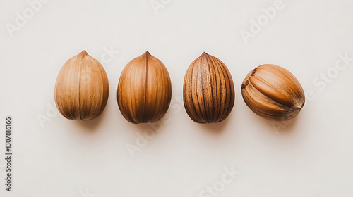 Four Hazelnuts on Light Background