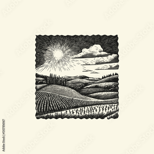 plantation view with cloudy sky design vector template illustration
