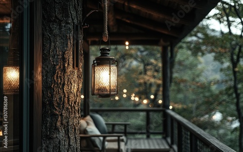 Illuminated lantern on rustic porch with forest view.