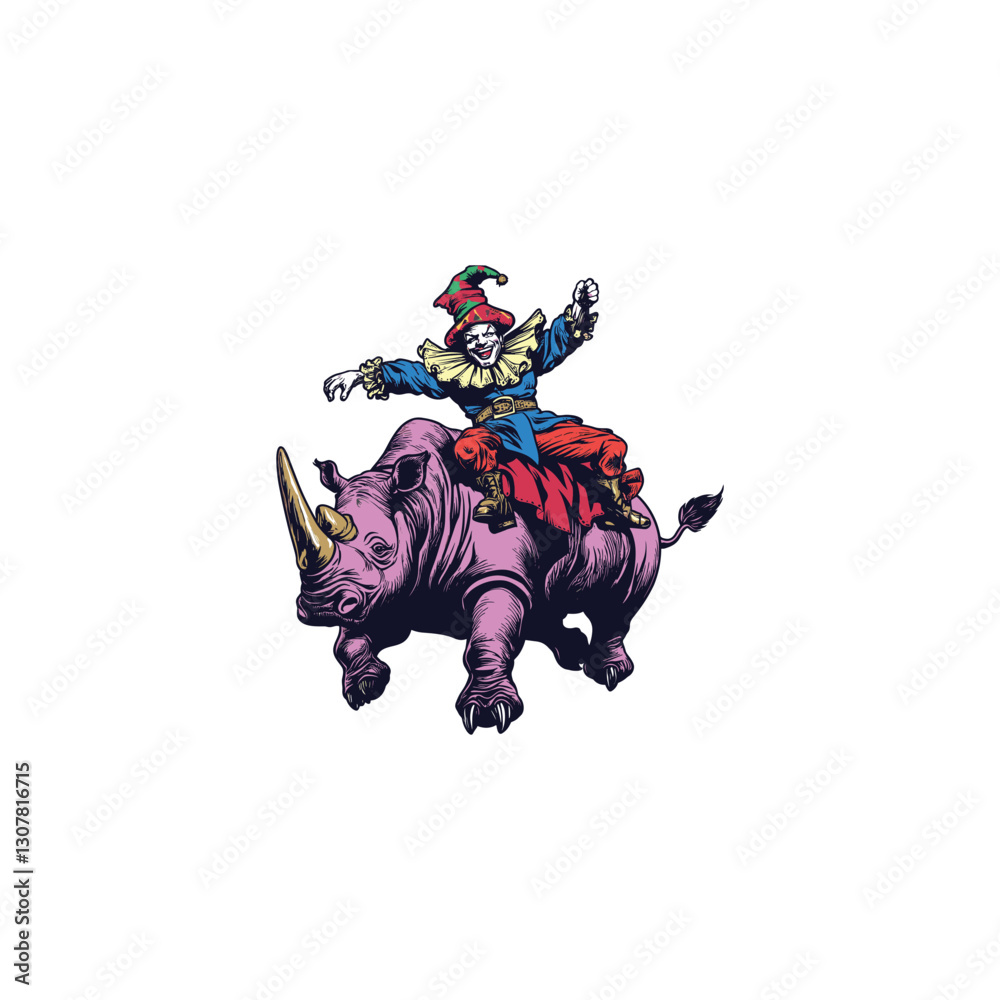 Fototapeta premium Jester riding rhinoceros design vector template illustration
