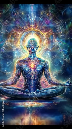 Meditating figure in lotus pose with colorful aura and chakras. AI Generative video.