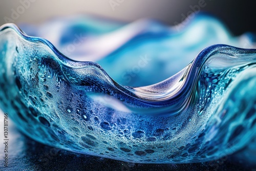 Close-up of a mesmerizing blue glass art piece with wave-like textures and bubble inclusions.