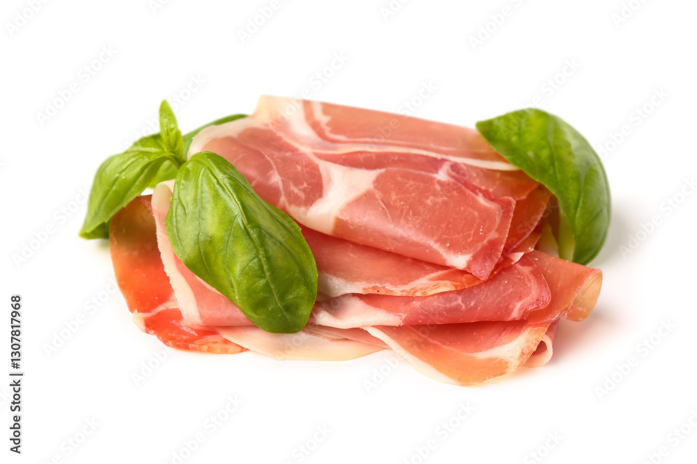 Slices of tasty prosciutto with basil on white background