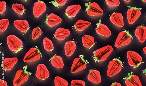 Fresh strawberry slices pattern on black background. Dark background texture of bright red strawberries. Healthy eating concept colorful spring pattern. Template, banner, wallpaper. Illustration.