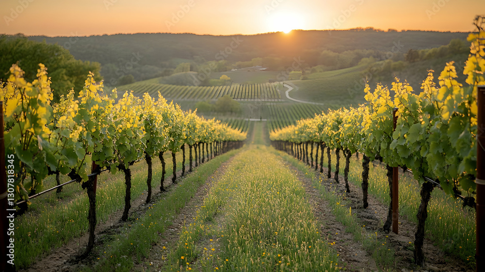Fototapeta premium Vineyard Rows Under Golden Sunset