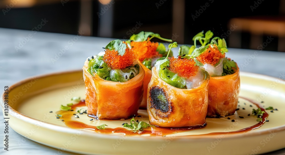 pot stickers on light yellow plate, soy sauce drizzled on top, pot stickers on light yellow plate, soy sauce drizzled on top,