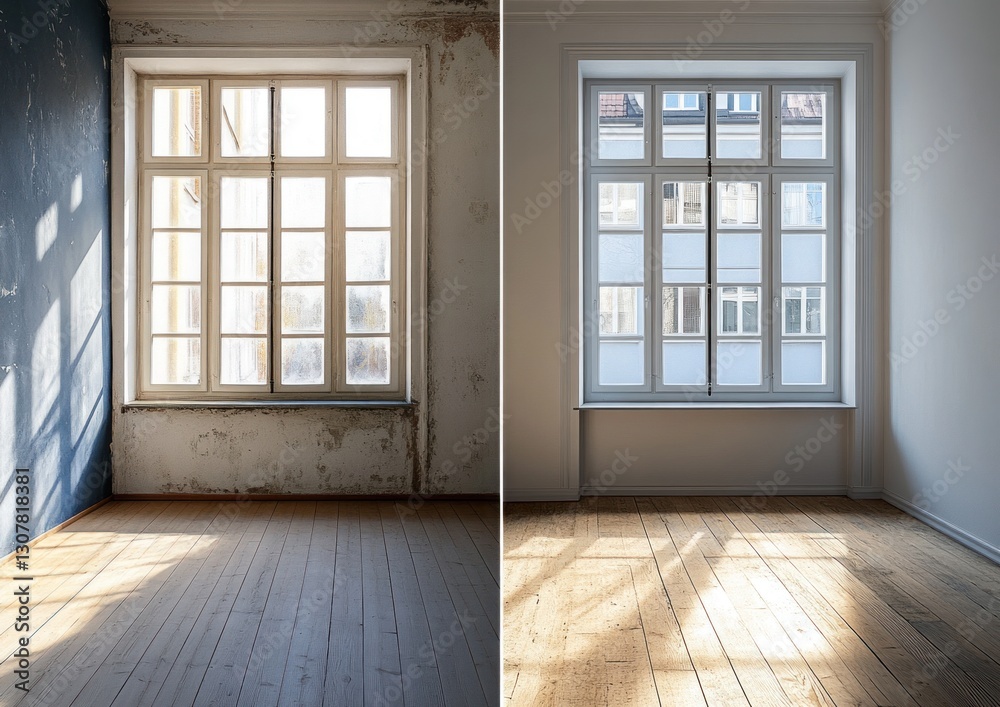 Obraz premium Empty room before and after renovation. Sunlight streaming through windows.
