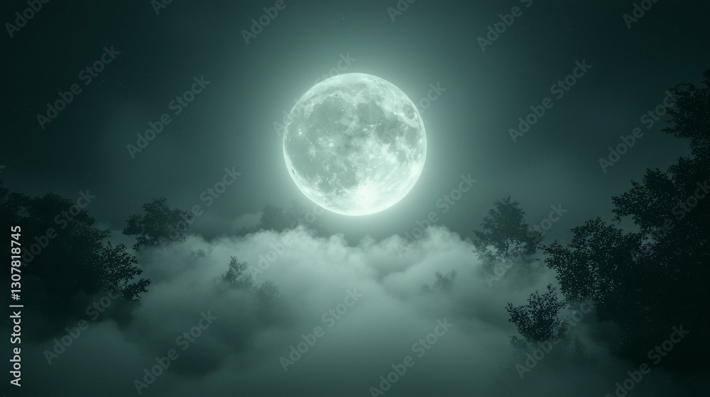 Full moon over misty forest at night. Full moon over misty forest at night.