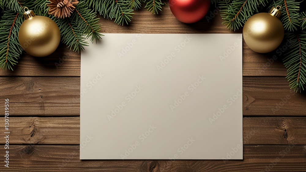 Obraz premium Greeting card christmas mockup with fir tree branches on dark wooden background
