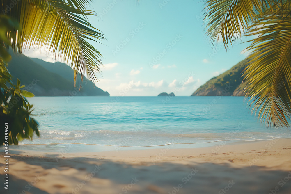 Naklejka premium beautiful summer background with palm leaves and a sandy beach.