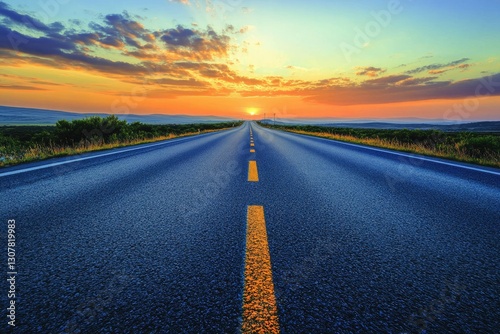 A scenic highway stretches towards a vibrant sunset, promising adventure and open road. photo