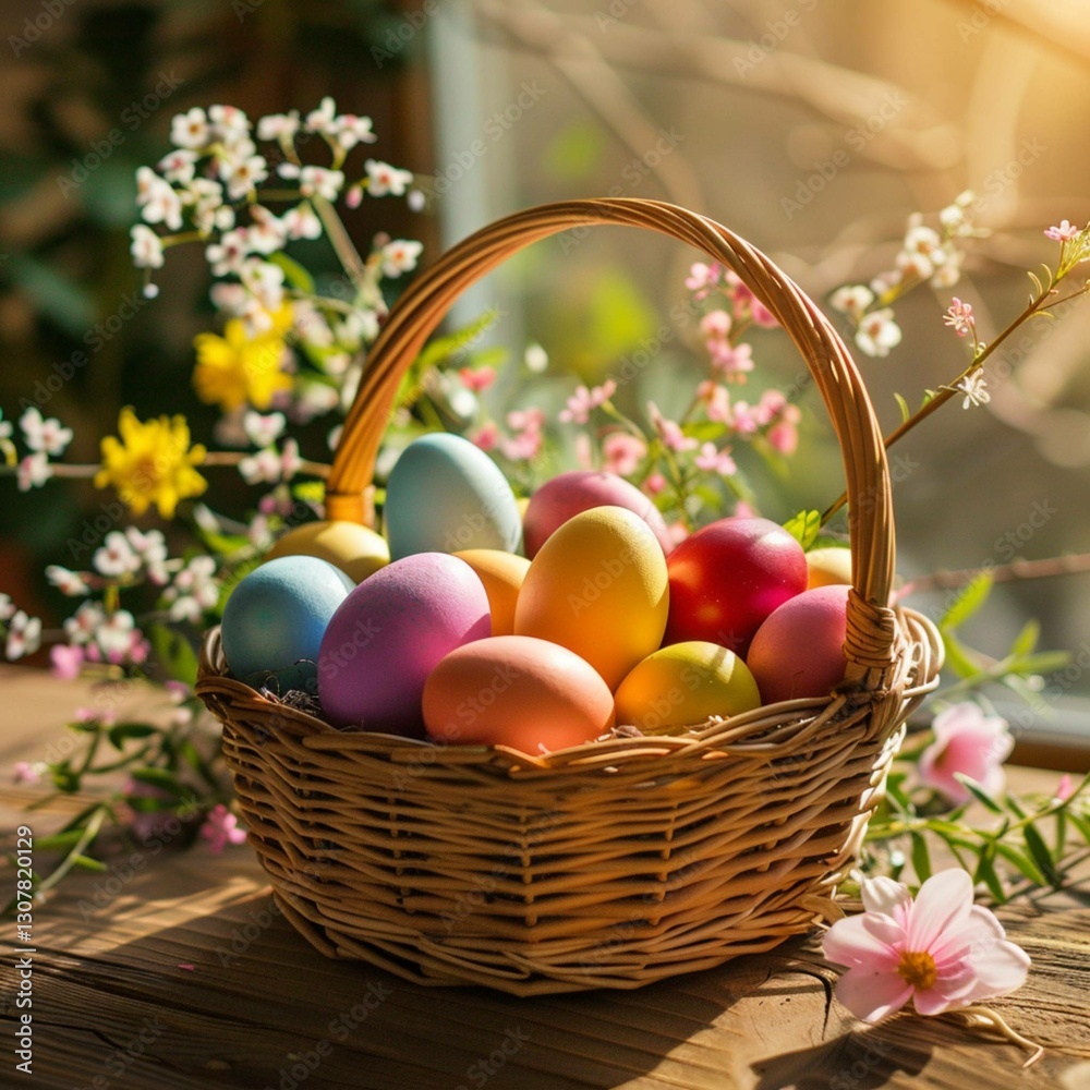 basket with easter eggs and flowers basket with easter eggs and flowers