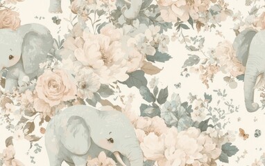 Wandcirkels Kinderkamer patronen Pastel olifantjes tussen bloemen patroon  © creatfive