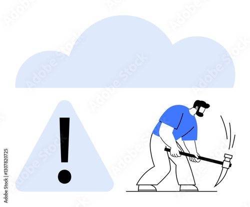 Worker strikes with pickaxe under cloud with exclamation mark symbol. Ideal for cybersecurity, data mining, risk management, cloud computing, information security, cautionary concepts, flat simple