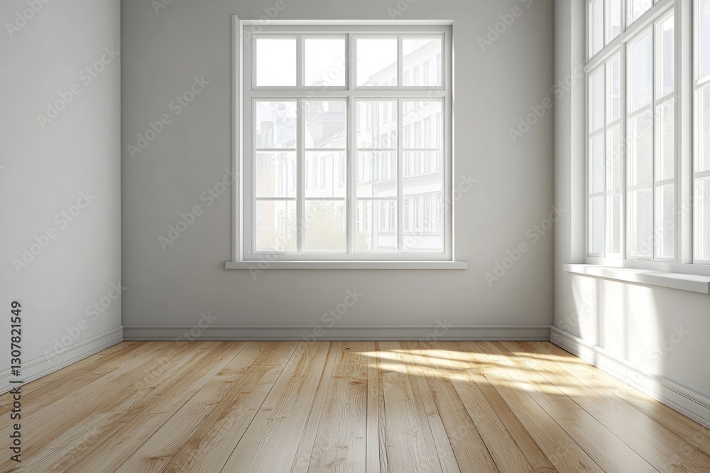 Fototapeta premium Empty room with large window, hardwood floor.
