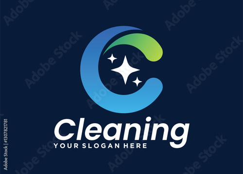 Letter C logo design for cleaning services with shiny rays