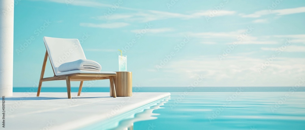 A relaxing seaside scene with pool furniture and cool drinks A relaxing seaside scene with pool furniture and cool drinks