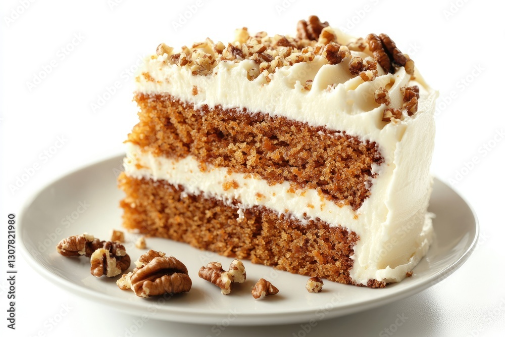 A delicious slice of two-layered carrot cake, topped with cream cheese frosting and pecans. A delicious slice of two-layered carrot cake, topped with cream cheese frosting and pecans.