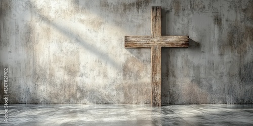 Wooden cross stands against a weathered concrete wall in a serene, softly lit space