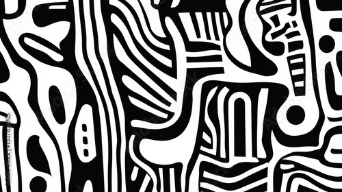 black and white pattern featuring thick lines and simple organic shapes