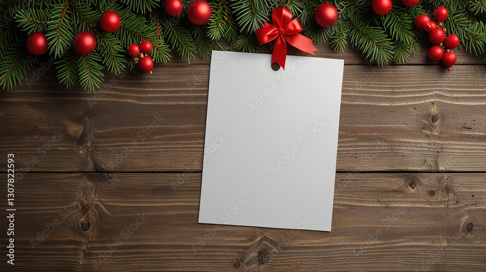 Fototapeta premium Greeting card christmas mockup with fir tree branches on dark wooden background
