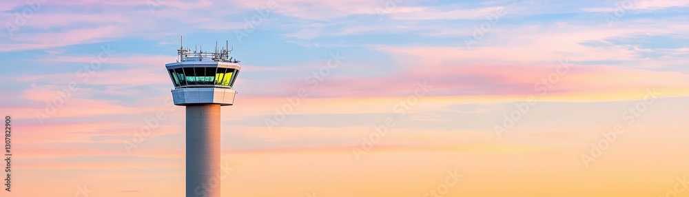 Air Traffic Control Tower Overseeing Multiple Runways at Sunset with Colorful Sky Air Traffic Control Tower Overseeing Multiple Runways at Sunset with Colorful Sky