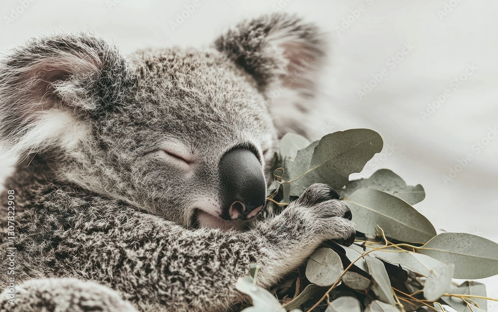 Obraz premium Close-up of a cute koala eating eucalyptus leaves.