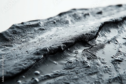 Close-up of a dark, textured surface with water droplets and cracks, resembling volcanic rock or mud.