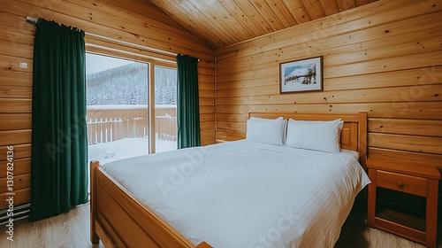 A cozy bedroom with a view of a snowy landscape