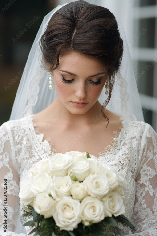 Naklejka premium beautiful bride in a veil and with a luxurious bouquet of flowers, red and white roses