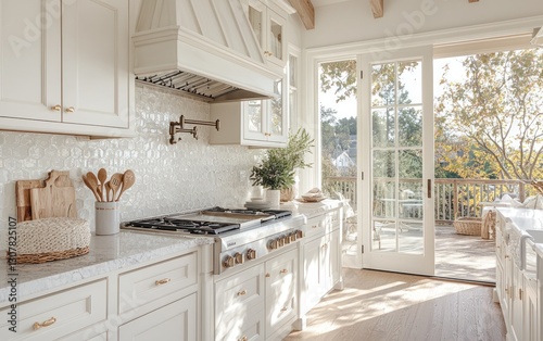 Bright kitchen with white cabinets, marble countertops, and french doors leading to a patio.