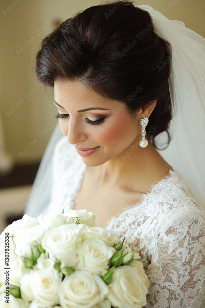 Naklejka premium beautiful bride in a veil and with a luxurious bouquet of flowers, red and white roses