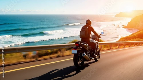 Motorcyclist riding along scenic coastal highway at sunset.
