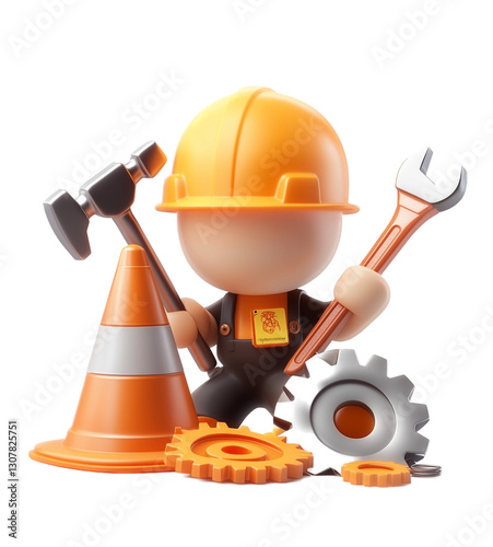 Under Construction 3D Mascot with Wrench and Hammer