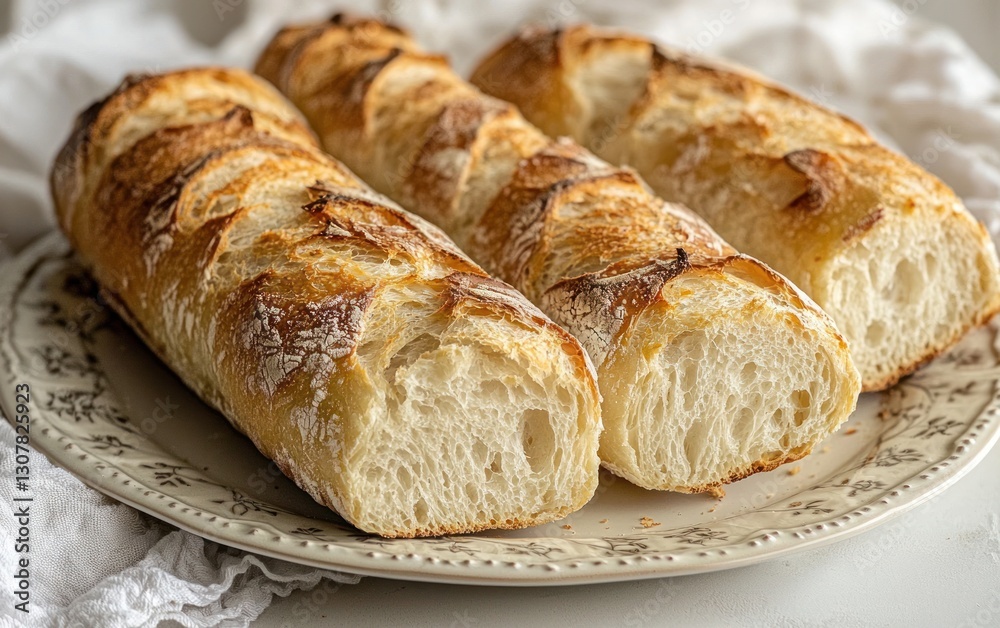 Three crusty baguettes on a plate, sliced to show fluffy interior. Three crusty baguettes on a plate, sliced to show fluffy interior.