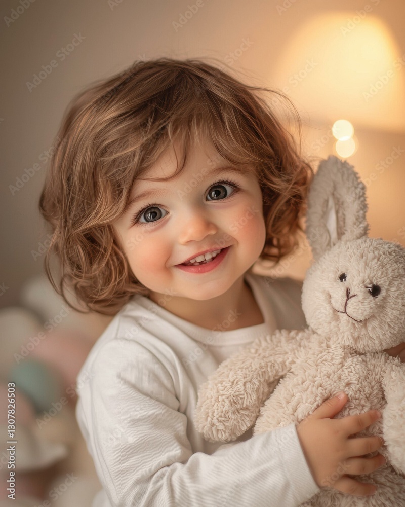 Happy little girl with a stuffed animal. AI. Happy little girl with a stuffed animal. AI.