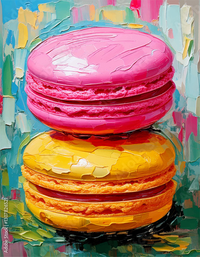 Pink yellow stack of colorful macaroons on wooden table design, macaron painting wall art background vector Adobe Illustrator Artwork
