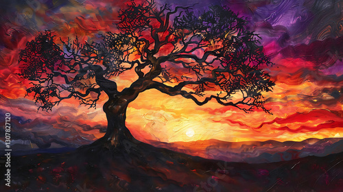 Silhouette Tree at Sunset, Fiery Abstract Landscape